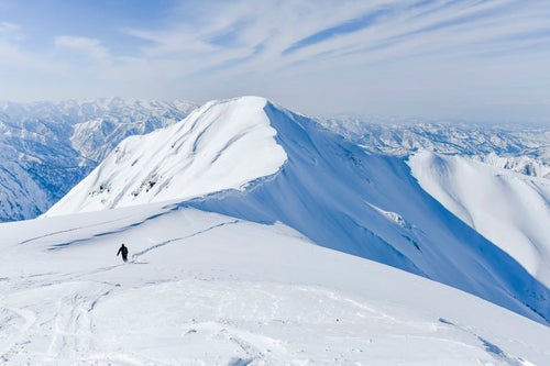 雪の茂倉岳へと滑り落ちてゆくバックカントリーボーダーの写真