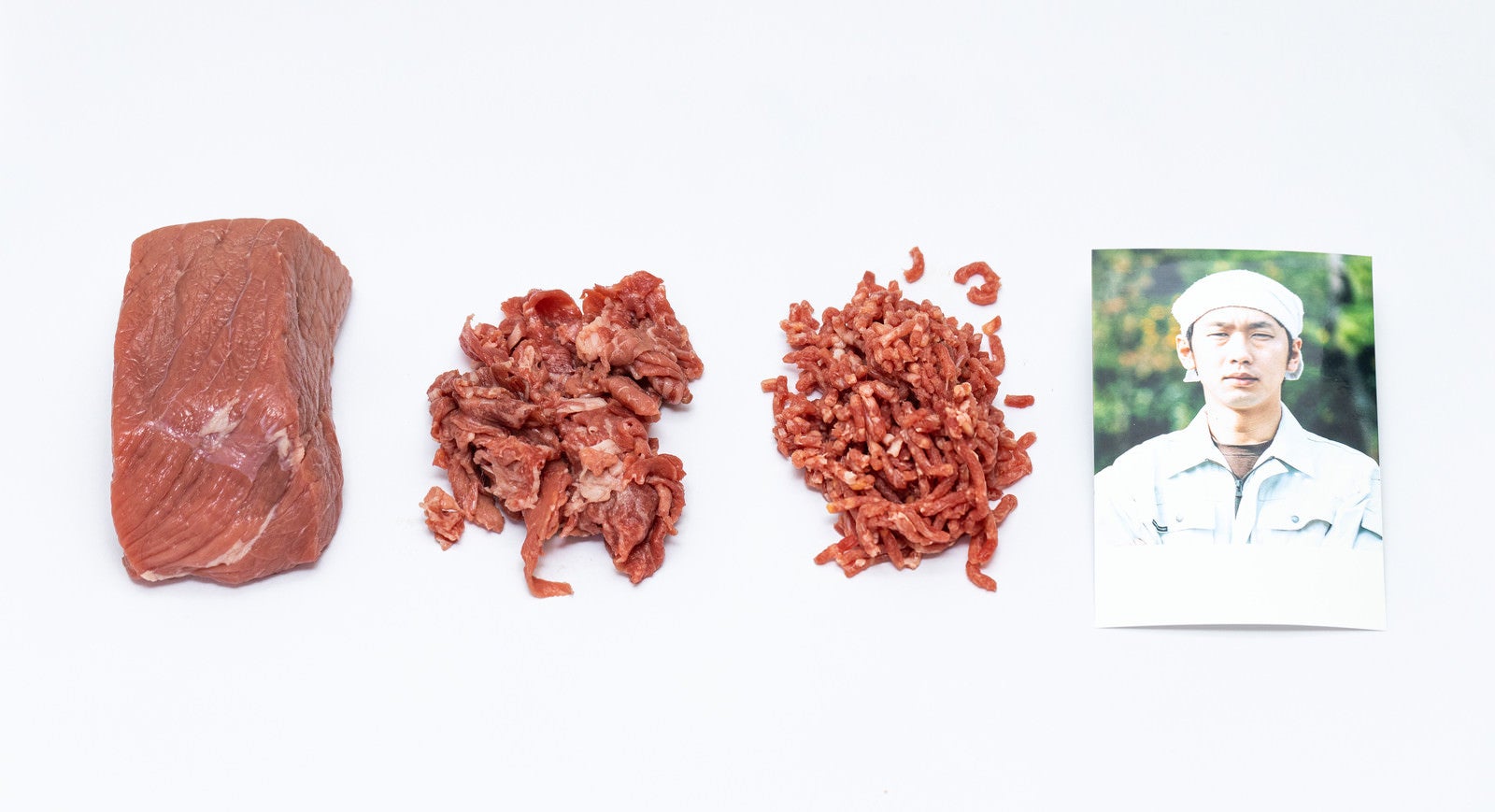 「ブロック肉、細切れ肉、挽肉（ミンチ）、生産者」の写真［モデル：大川竜弥］