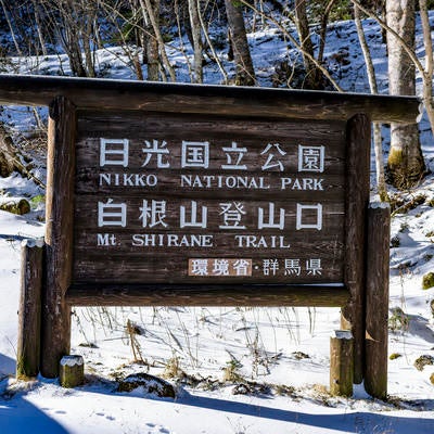 冬の日光登山道登山口標の写真