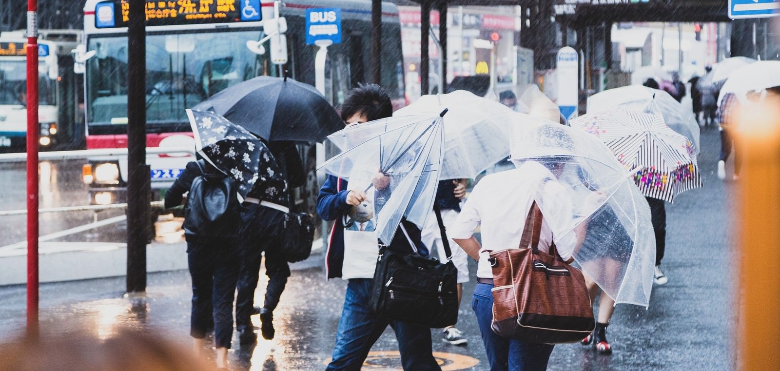 「横なぐりの雨で傘が役に立たない」の写真