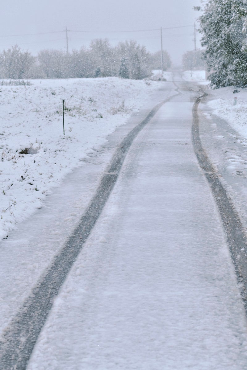「人のいない雪道と車の痕」の写真