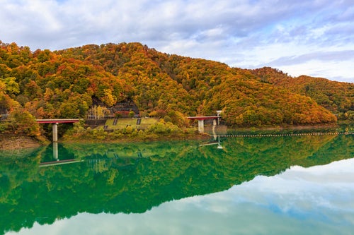 玉川ダム湖の紅葉の写真