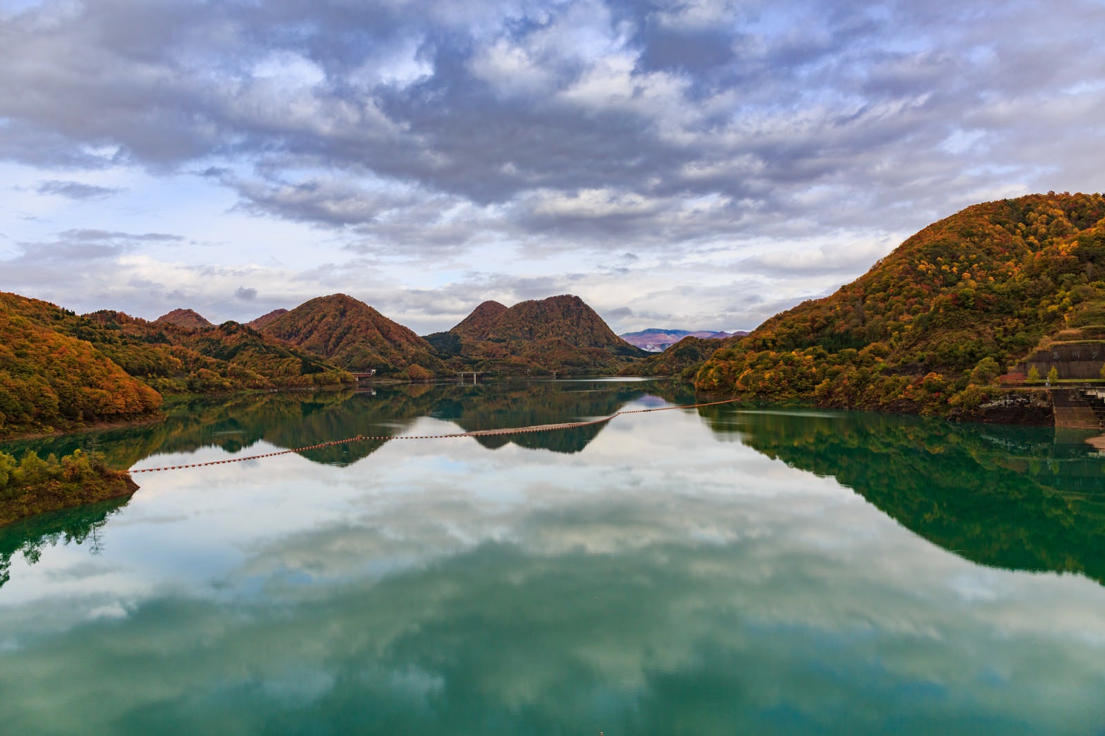 「緑色の水の玉川ダム湖」の写真