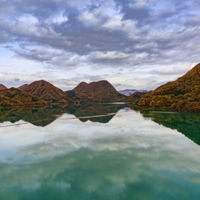 緑色の水の玉川ダム湖の写真