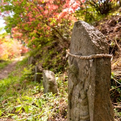 武石公園のツツジと道端の石像の写真