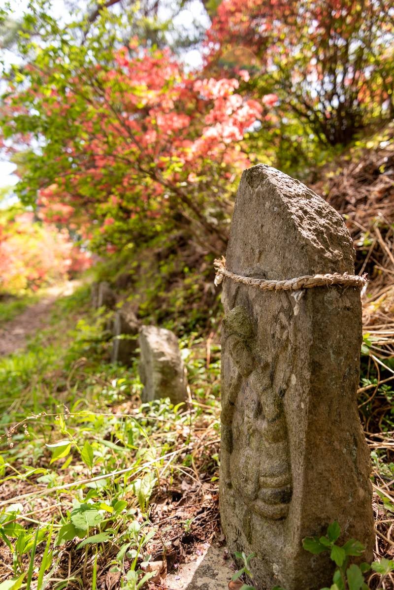 「武石公園のツツジと道端の石像」の写真