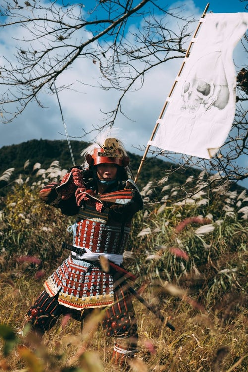 ススキ原で刀を振を構える武士の写真
