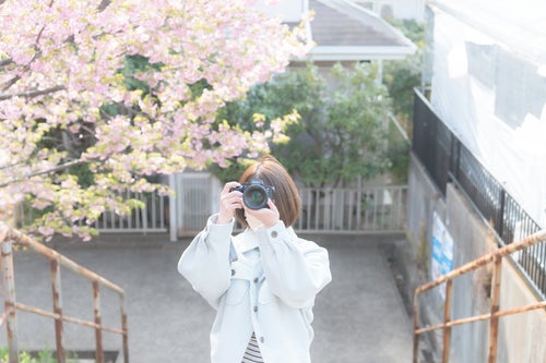 フォトウォークで桜を撮影する女性フォトグラファーの写真