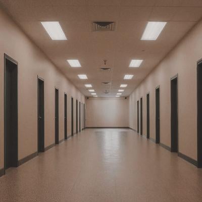 黒いドアが左右対称に並ぶ廊下風の不気味で静寂に満ちた空間の写真