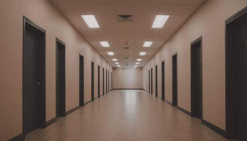 黒いドアが左右対称に並ぶ廊下風の不気味で静寂に満ちた空間の写真