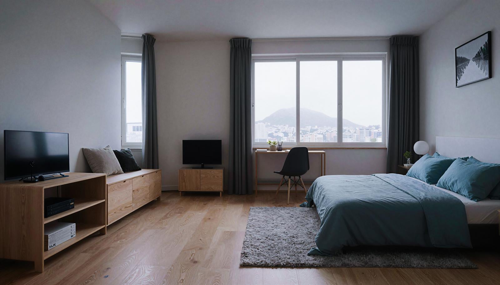 木製家具と広い窓が特徴のワンルーム調の寝室