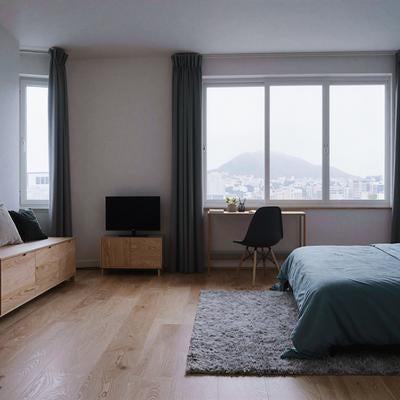 窓からの眺望を活かしたベッド配置のホテル風モダン客室の写真