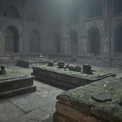 苔むした遺物が散らばるダンジョン風の地下遺跡と古い廃墟の写真