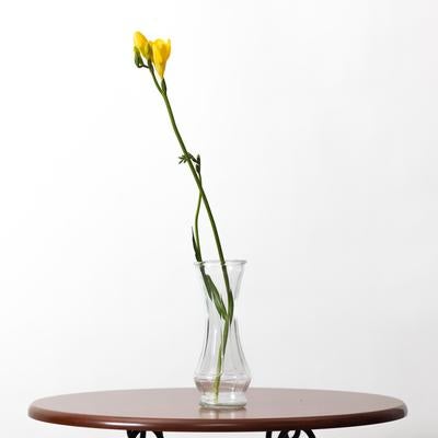 テーブルの花瓶と黄色い蕾の写真