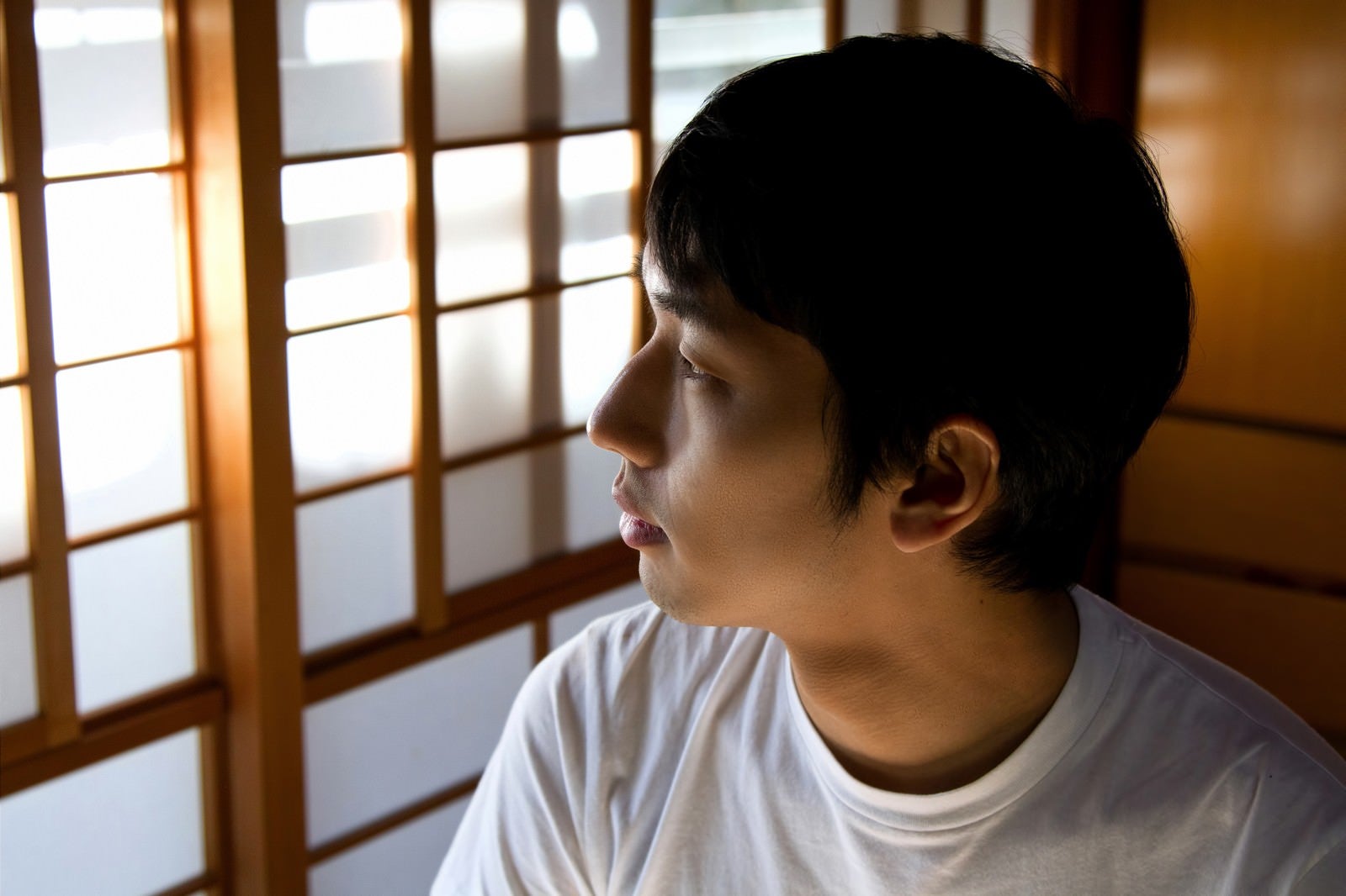 「和室から外を見つめる男性」の写真［モデル：大川竜弥］