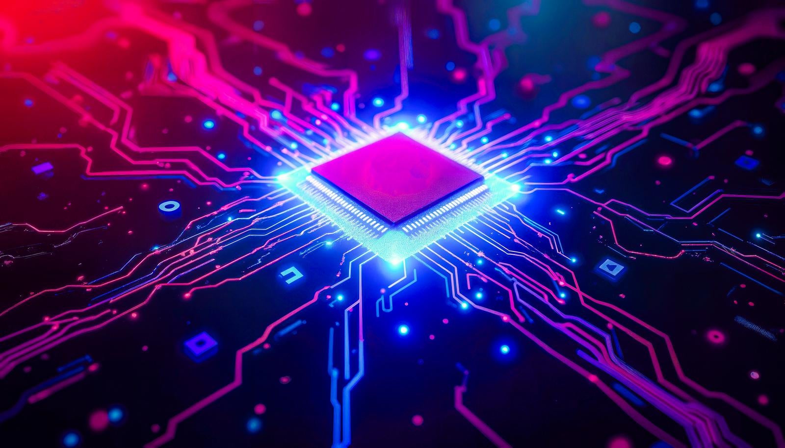 Image of a CPU chip emitting blue light with radiating circuit patterns