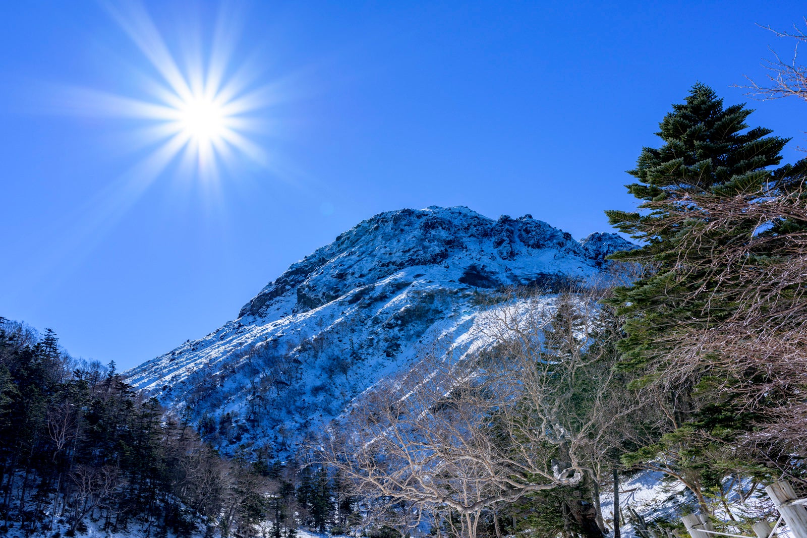 「快晴の青空の下の日光白根山山頂方面」の写真
