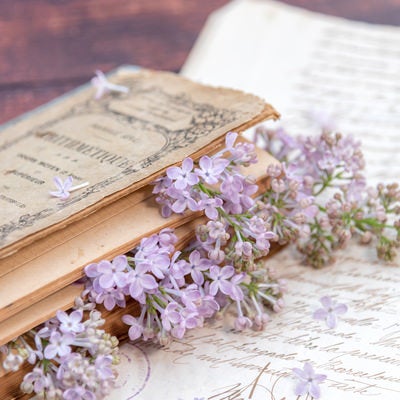 洋書と手紙から溢れるライラックの花の写真