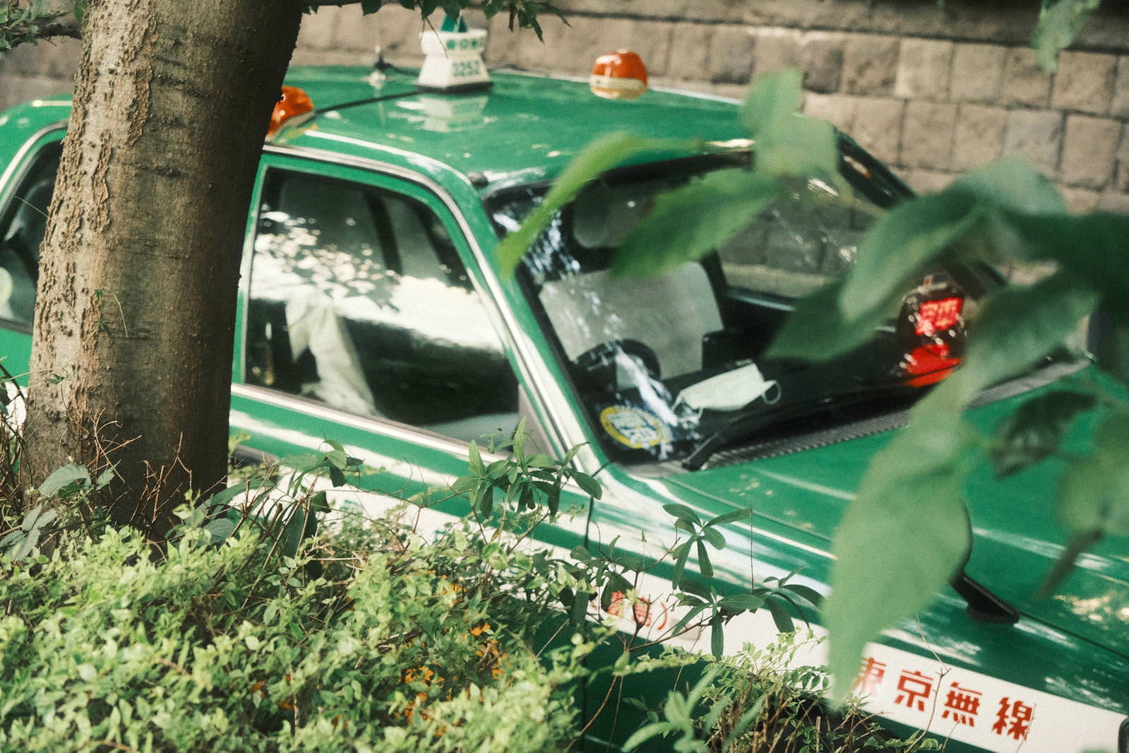 「木陰に停車して休憩するタクシー」の写真