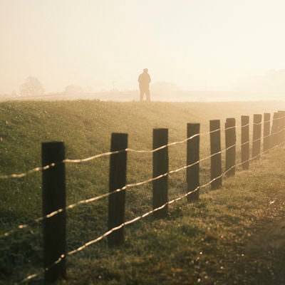 霧の朝の土手を散歩する人の写真