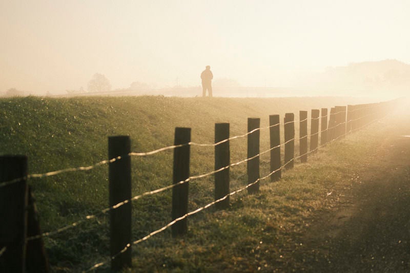 霧の朝の土手を散歩する人の写真