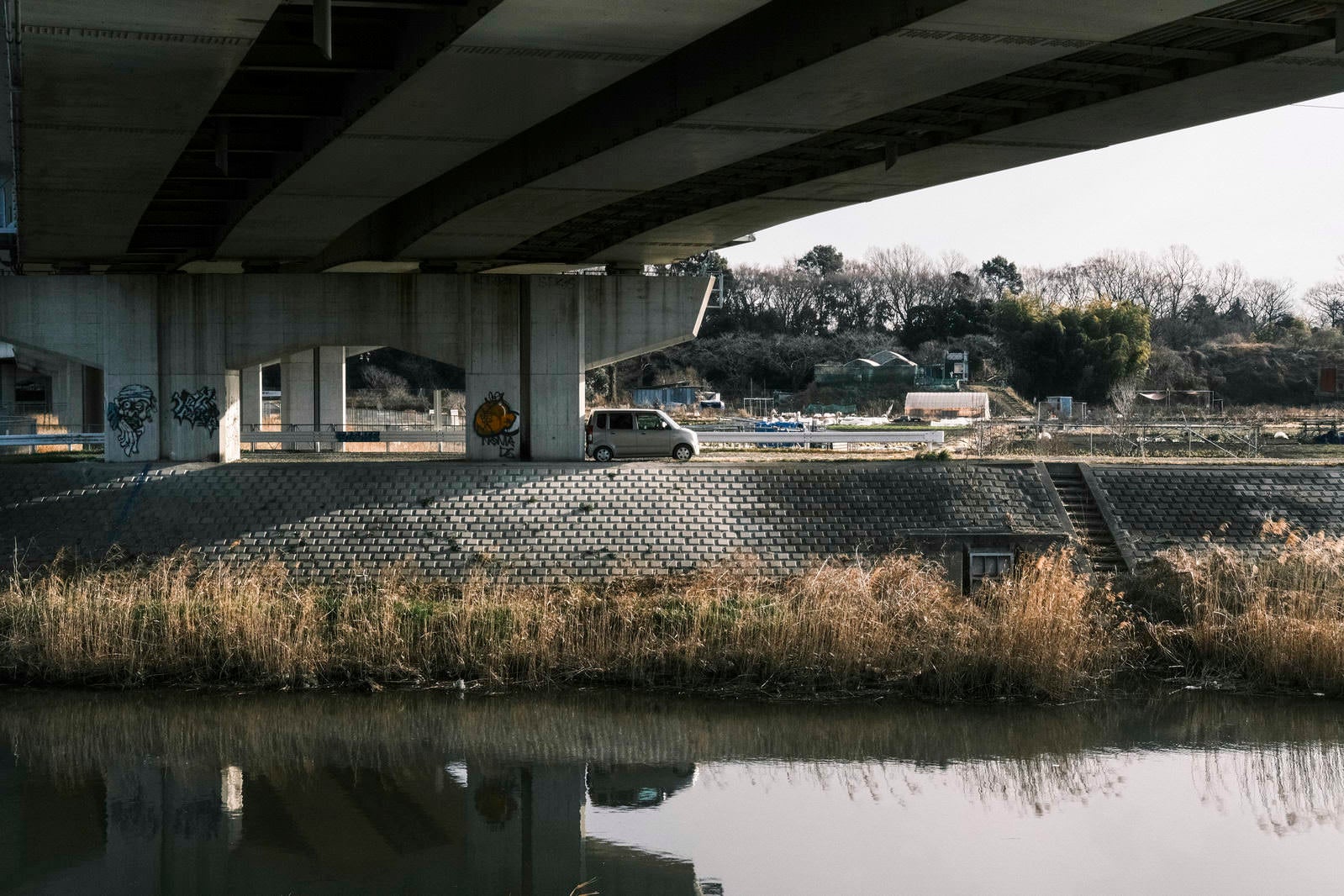 「高架下にとめられた車」の写真