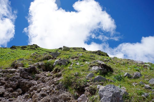 青い空と白い雲がまぶしい日光白根山登山道の写真