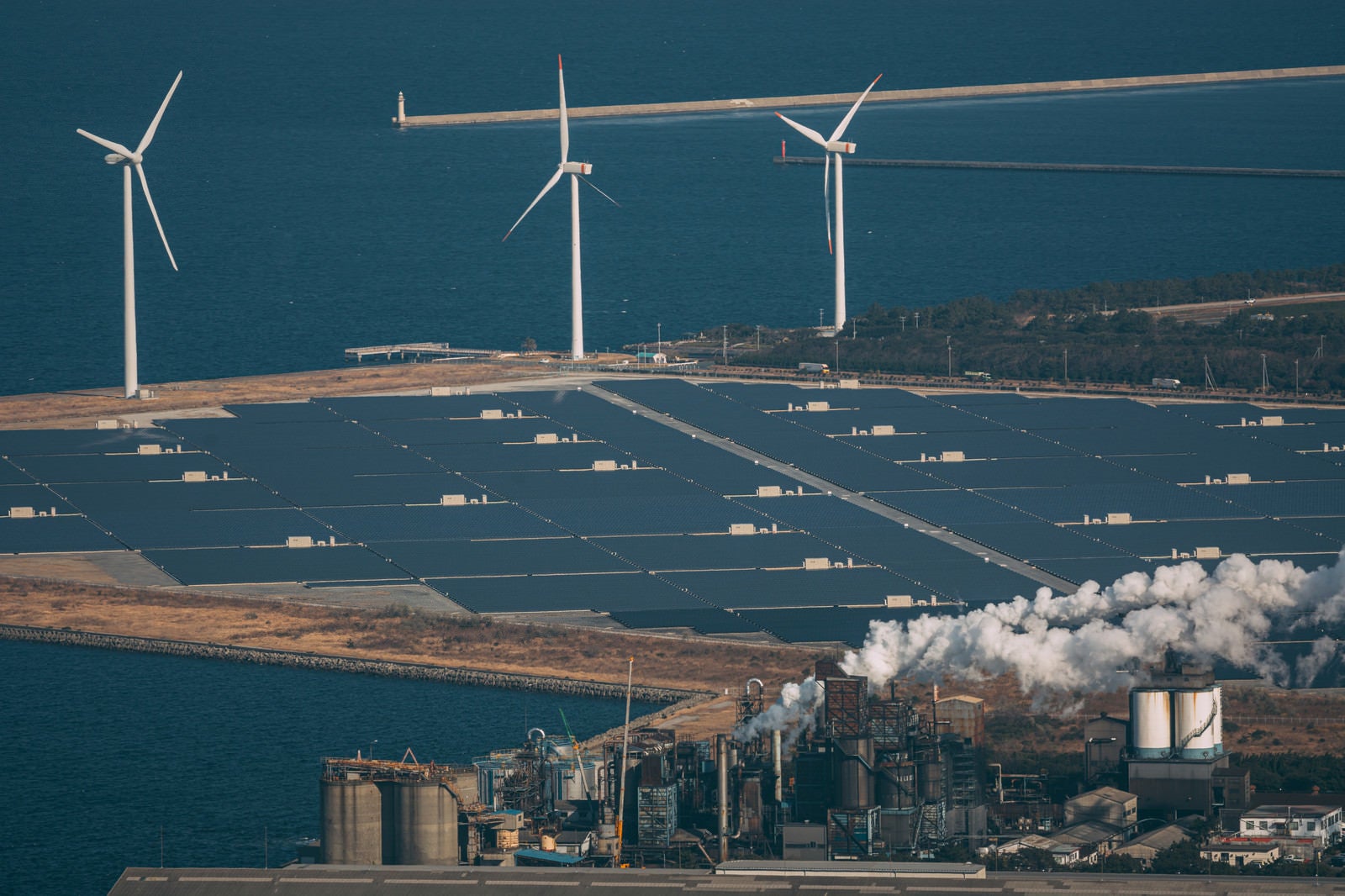 「海岸沿いの風力発電設備と太陽光パネル」の写真