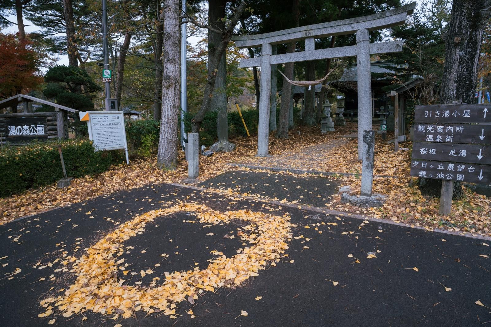 「岳温泉にて秋を感じる鳥居の下の落葉のハート」の写真