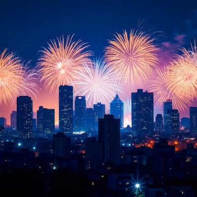 高層ビル群と打ち上げ花火の夜景の写真