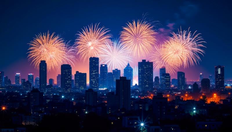 Night View of Skyscrapers and Fireworks Display (Hanabi)