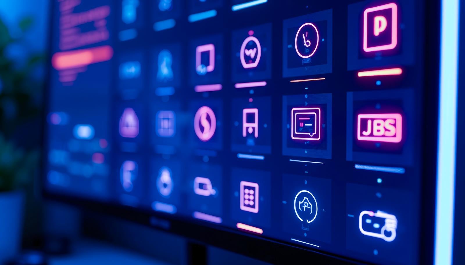 ピンク色に光るネオン調アイコンが表示されたデジタルモニター画面