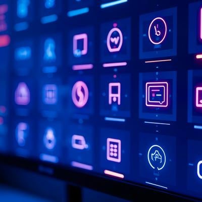 ピンク色に光るネオン調アイコンが並ぶモニター画面とデジタルUIの写真