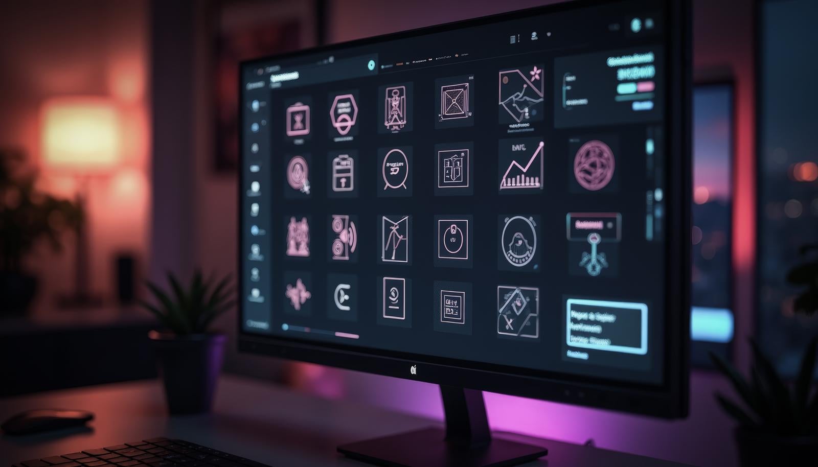 ネオンカラーのアイコンが並ぶダークモニター画面