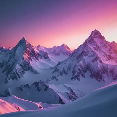 ピンク紫に染まった雪山連峰の夕暮れ風景の高山絶景景観の写真