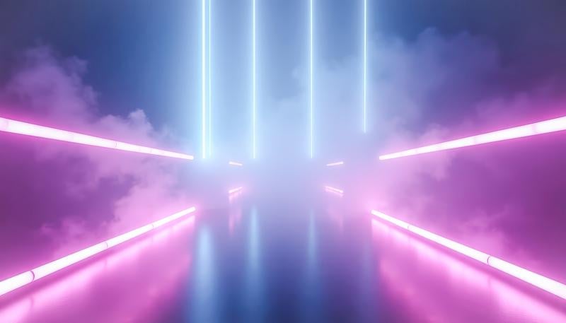 ネオン管でライトアップされたランウェイの通路