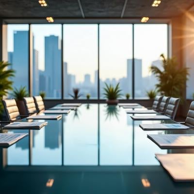 夕日が差し込む高層階の会議室の写真