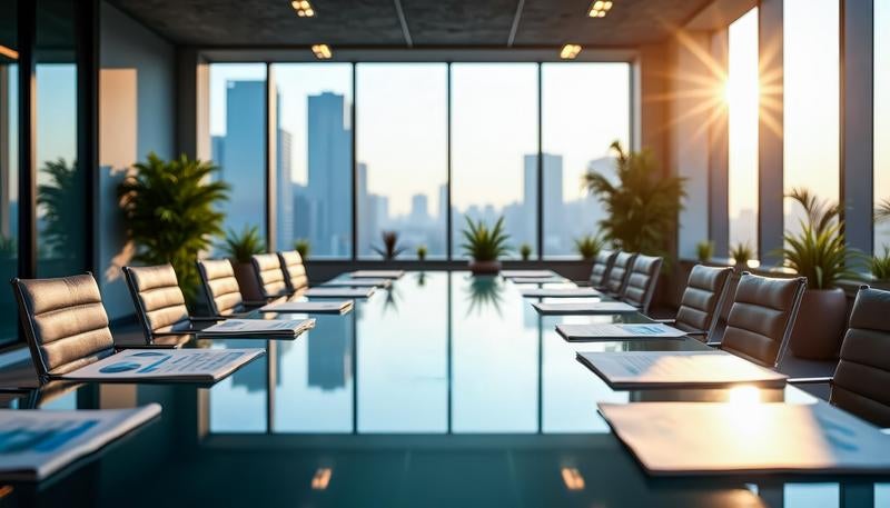 夕日が差し込む高層階の会議室の写真