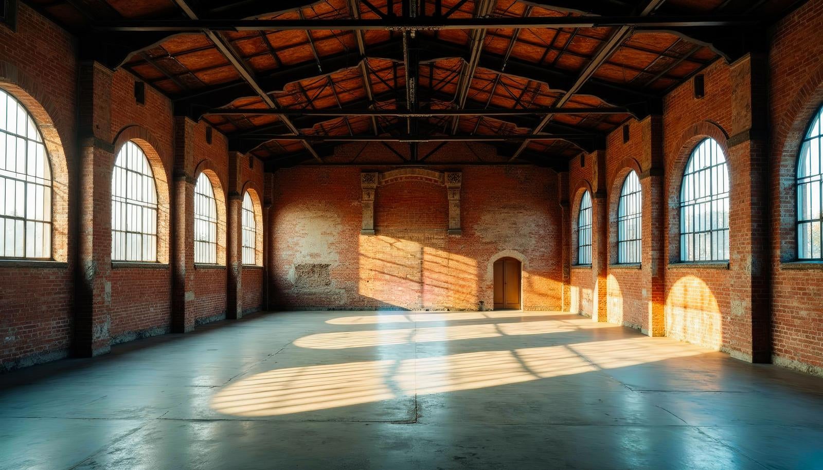 アーチ窓から日差しが差し込むレンガ造りの倉庫内部、がらんとした広い床に窓枠の影が落ちている