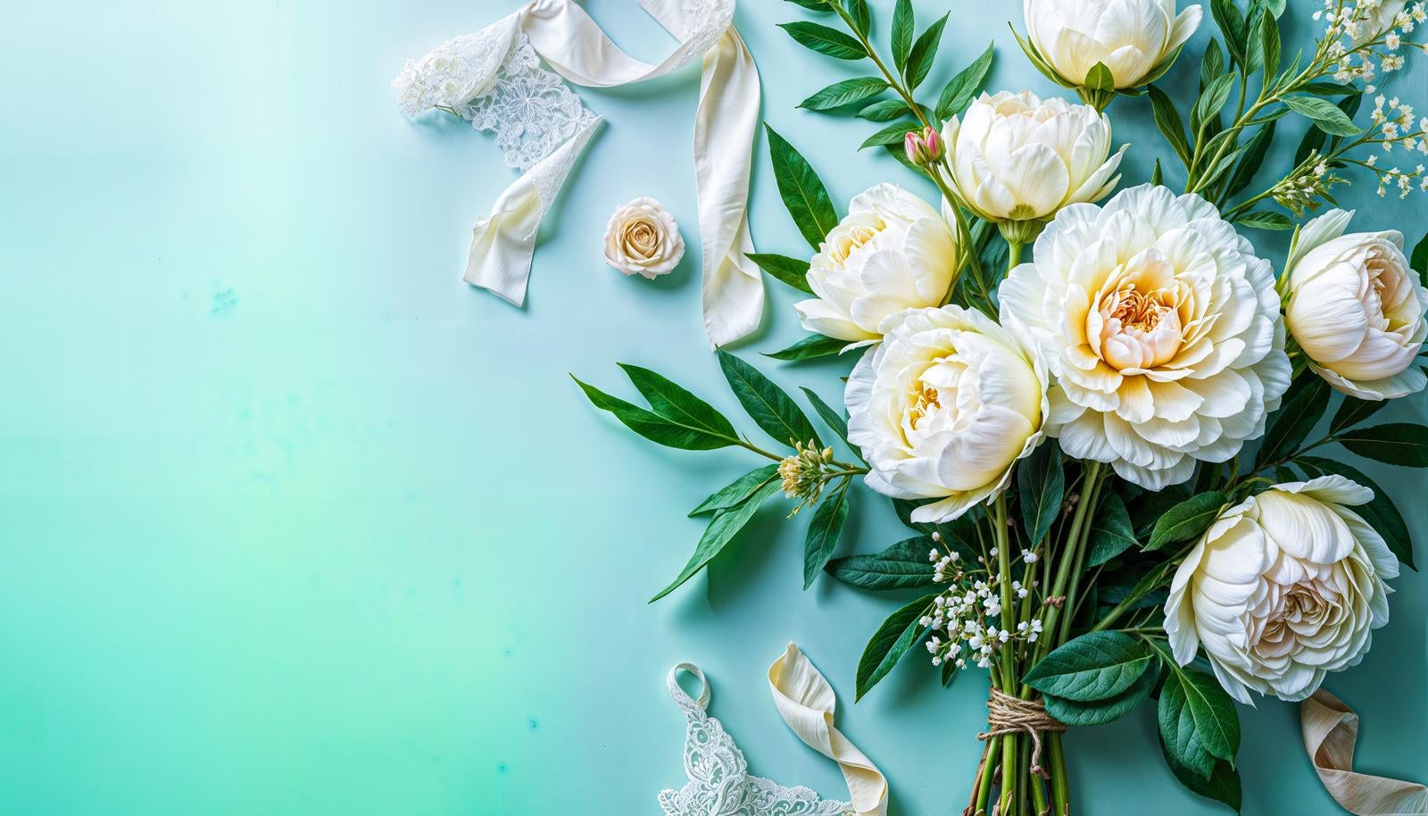 白とクリーム色の牡丹と薔薇、白いリボンとグリーンリーフで装飾されたブーケ