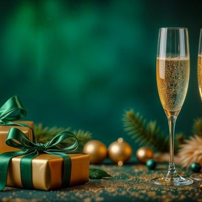 金色リボン付きギフトボックスとシャンパングラスが並ぶ豪華な装飾の写真