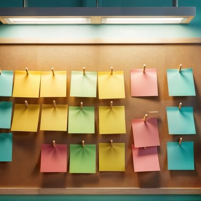 タスク管理用の色分けされた付箋が並ぶ掲示板のオフィス空間の写真