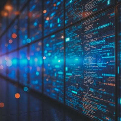 青緑色の発光コードが走るサーバー風のデータセンター調表現の写真