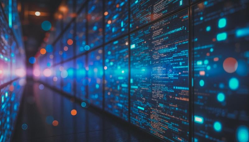 青緑色の発光コードが走るサーバー風のデータセンター調表現の写真
