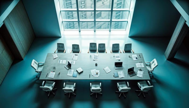 ガラス天窓と青緑色の壁面が特徴的な会議室調のインテリアの写真