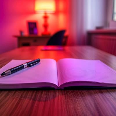 ネオン赤紫光に包まれたオフィス机のノートとペンとメモ帳の写真