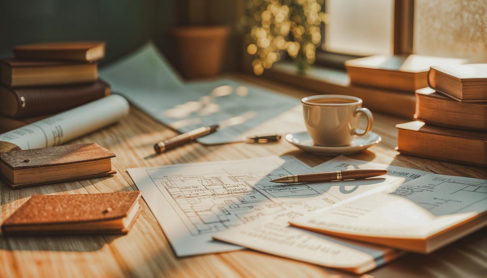 青い設計図面と白い書類が置かれた木製デスクの上に、金属ペンとコーヒーカップが見える