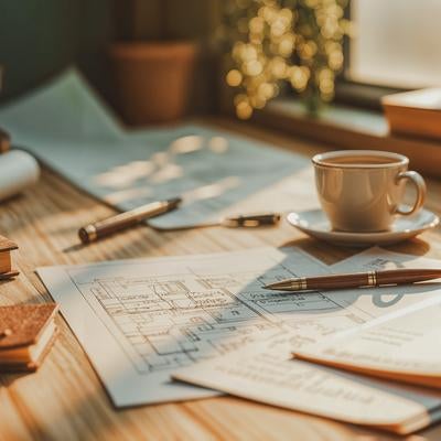 技術者の作業机に積み重ねられた資料と設計図書の写真