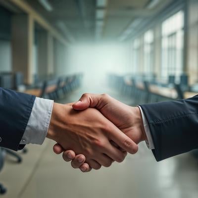 スーツ姿の2人による握手。企業間パートナーシップ成立の写真