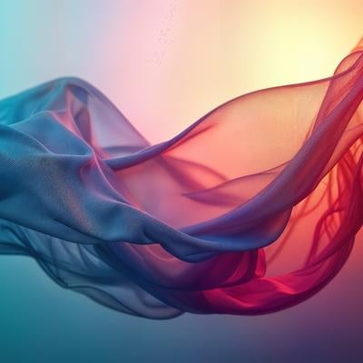 光と色が交わる空間で流れるようにたなびく透光性の生地の写真